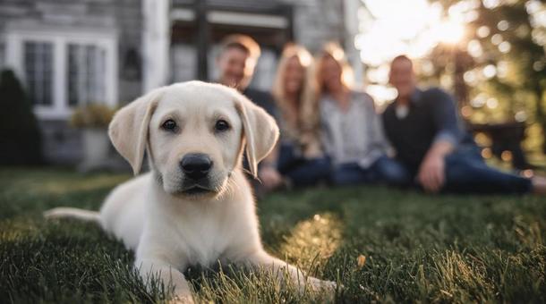 芝生に寝そべる子犬・ラブラドール・ペット 芝生に寝そべる子犬・ラブラドール・ペットの写真
