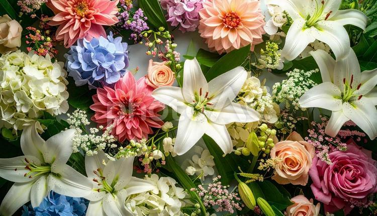 6月誕生花　ユリ、アジサイ、バーベナ 6月誕生花,ユリ,アジサイの写真素材
