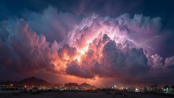 雷雲と街の光のコントラスト 雷雲と街の光のコントラストの写真
