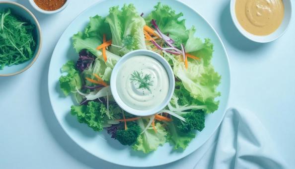 手作りドレッシングをかけるサラダの写真