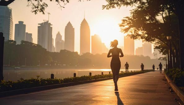 ランニングをする女性の後ろ姿 シルエット ランニングをする女性の後ろ姿 シルエットの写真
