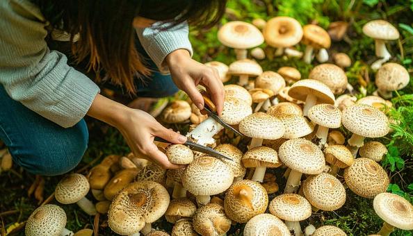 きのこ狩り キノコを収穫する女性の手 きのこ狩り キノコを収穫する女性の手の写真