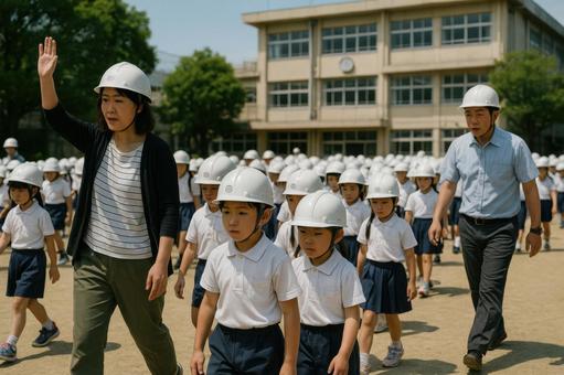 小学校の避難訓練風景(屋外) 小学校の避難訓練風景(屋外)の写真