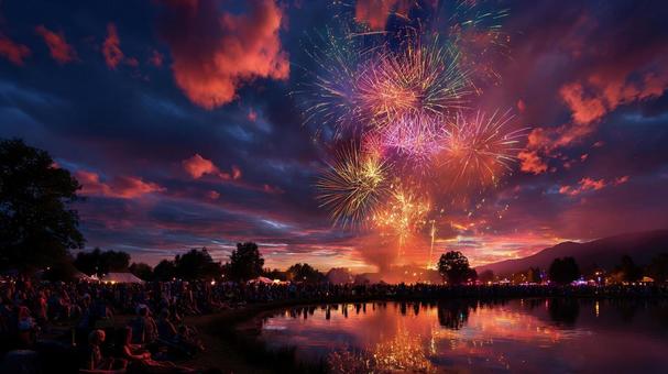 夏祭りの夜に輝く花火 夏祭りの夜に輝く花火の写真