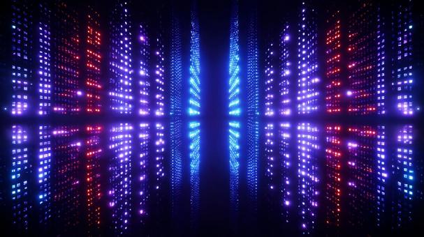 青と紫に光るLEDのグラデーションの写真