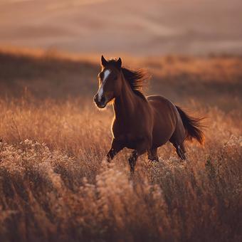 広大な草原を疾走する力強い馬 広大な草原を疾走する力強い馬の写真