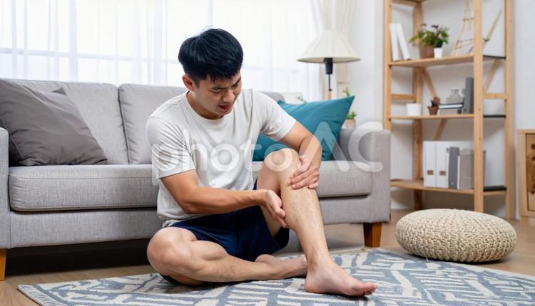 急に足が攣って痛がっている男性 こむらがえり,足が攣る,痛いの写真素材