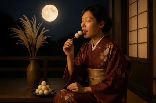 縁側で月を見ながら団子を食べる女性 縁側で月を見ながら団子を食べる女性の写真