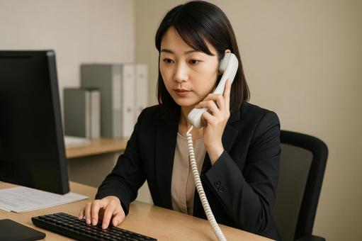 電話応対中の女性事務員 電話応対中の女性事務員の写真