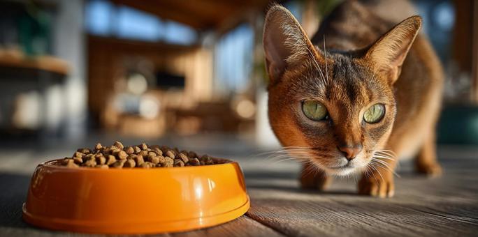 餌を食べようとする猫 餌を食べようとする猫の写真