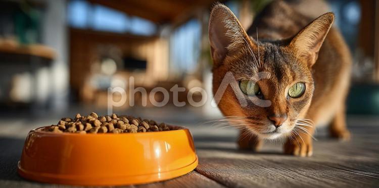 餌を食べようとする猫 ネコ,動物,かわいいの写真素材