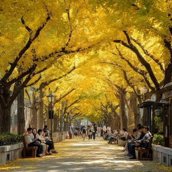 秋の銀杏並木を歩く人々と憩う風景の写真