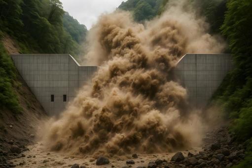 砂防堰堤の濁流噴出 砂防堰堤の濁流噴出の写真
