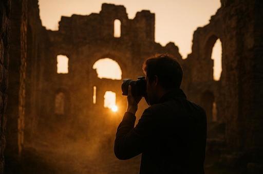 夕日に浮かぶ廃墟の写真 夕日に浮かぶ廃墟の写真の写真