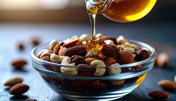 ミックスナッツに蜂蜜をかけるの写真