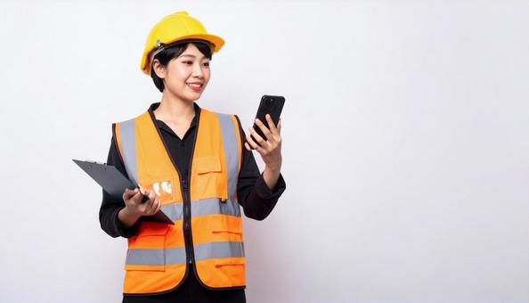 携帯で指示を出す作業着女性 携帯で指示を出す作業着女性の写真
