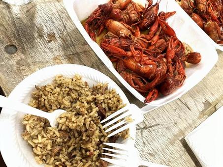 クロウフィッシュボイルとジャンバラヤ クロウフィッシュボイルとジャンバラヤ ザリガニ,アメリカ南部料理,ケイジャン料理の写真素材