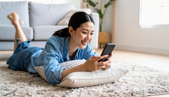 寝ころがってスマホ操作をする日本人女性 寝ころがってスマホ操作をする日本人女性の写真