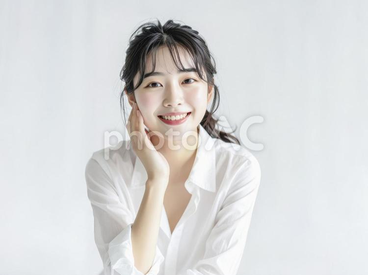 頬杖をつく若い日本人女性　AI生成画像 女性,人物,ほおづえの写真素材