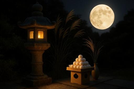 庭の行灯と十五夜のお供え 庭の行灯と十五夜のお供えの写真