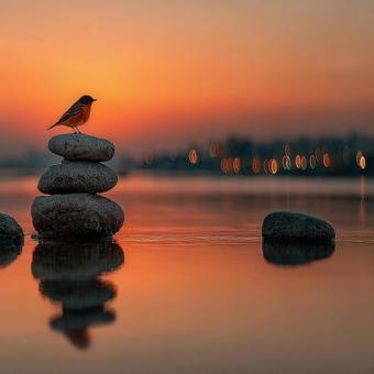 平和な瞬間:夕焼け空の下の鳥と石 平和な瞬間:夕焼け空の下の鳥と石の写真
