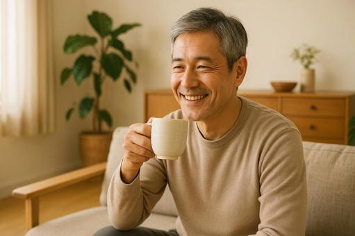 白湯を楽しむ50代男性 白湯を楽しむ50代男性の写真