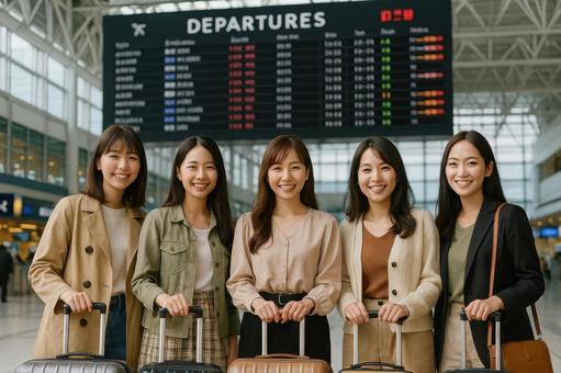 出発前に集合写真を撮る日本人女性グループの写真