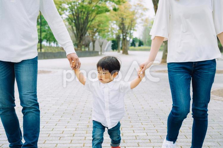 手を繋いで歩く家族（真剣） 赤ちゃん,子供,息子の写真素材
