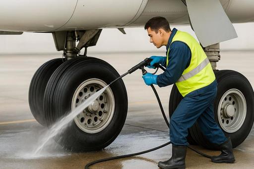 航空機ホイールの洗浄作業・飛行士の作業員 航空機ホイールの洗浄作業・飛行士の作業員の写真