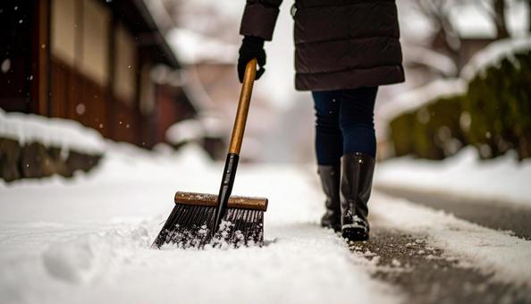 大雪が降った日の翌日の朝に雪かきする女性 大雪が降った日の翌日の朝に雪かきする女性の写真