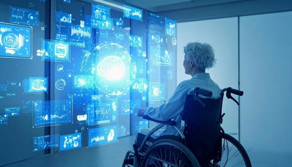 車椅子の高齢者がホログラムで情報収集 車椅子の高齢者がホログラムで情報収集の写真