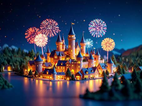 夜のお城と花火のミニチュア風景 夜のお城と花火のミニチュア風景の写真