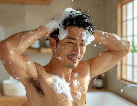 日本人男性のシャンプーシーン 日本人男性のシャンプーシーンの写真