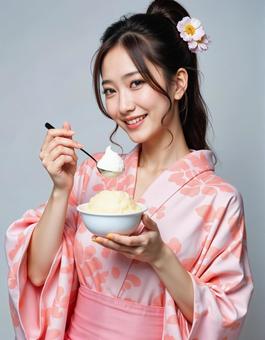 和装女性のひんやりスイーツ【AI生成】の写真