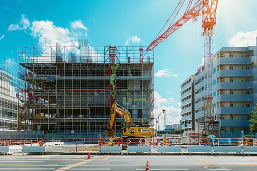 鉄骨建築足場とクレーンが印象的な建設現場 鉄骨建築足場とクレーンが印象的な建設現場の写真