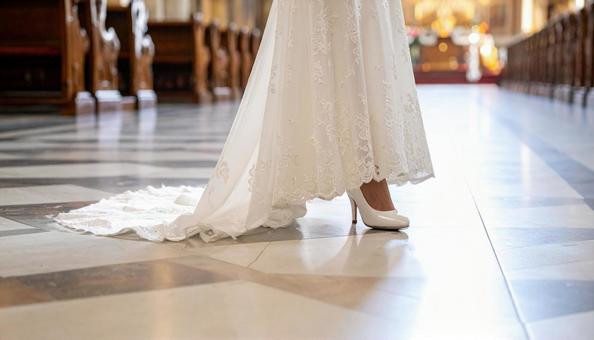 教会のバージンロードを歩く花嫁の足元 教会のバージンロードを歩く花嫁の足元の写真
