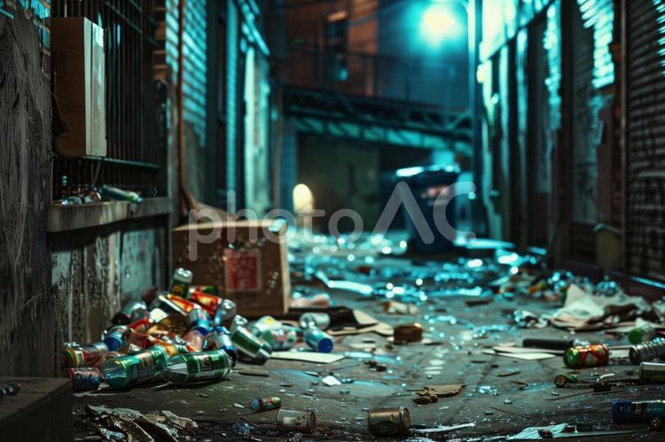ゴミが散乱する裏路地の夜 貧困,ゴミ,裏路地の写真素材