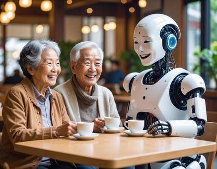 老人とAIサイボーグの温かいティータイム 老人とAIサイボーグの温かいティータイムの写真