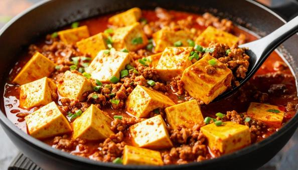 麻婆豆腐をスプーンですくう 麻婆豆腐をスプーンですくうの写真