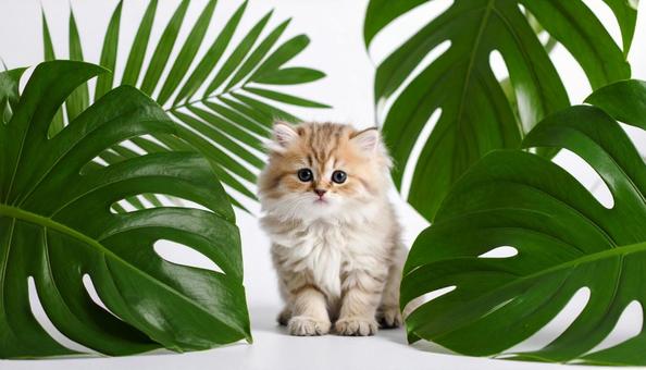 子猫とモンステラの葉っぱ 子猫とモンステラの葉っぱの写真