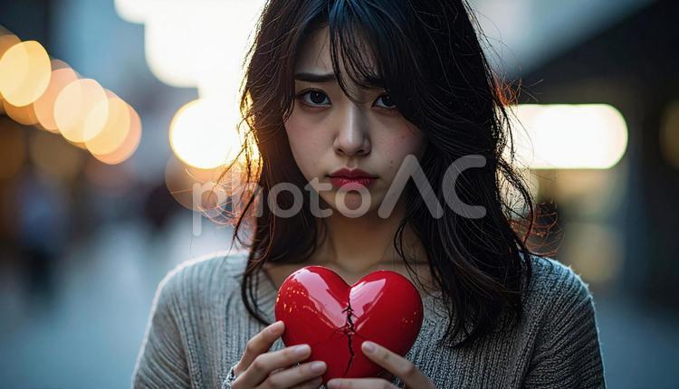 破れたハートを持って悲しそうな顔の女性 女性,ハート,別れの写真素材