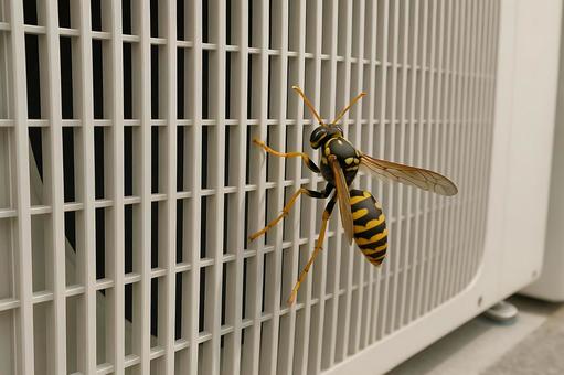 Wasp and potential nesting spot in outdoor unit 1, asianigakubi, make nest, the outdoor unit, JPG