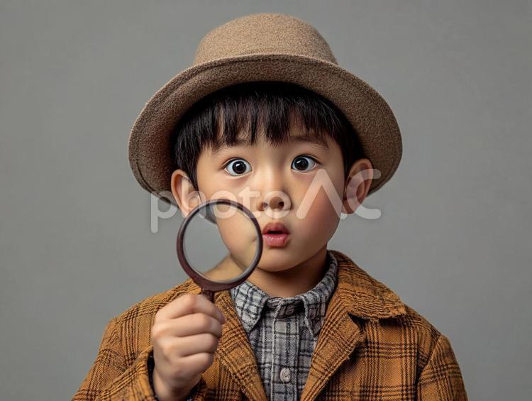 何かを発見したこども探偵 探偵,こども,子供の写真素材