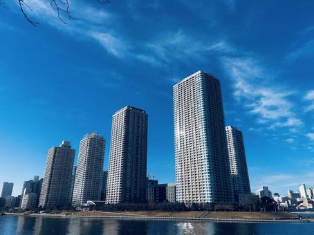 Photo, tower mansion, townscape, waterfront, 
