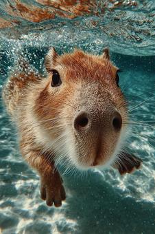 ユニークな表情のカピバラの水中写真 ユニークな表情のカピバラの水中写真の写真