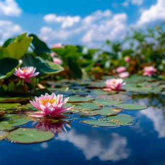水鏡に映る蓮の花と夏の空 水鏡に映る蓮の花と夏の空の写真