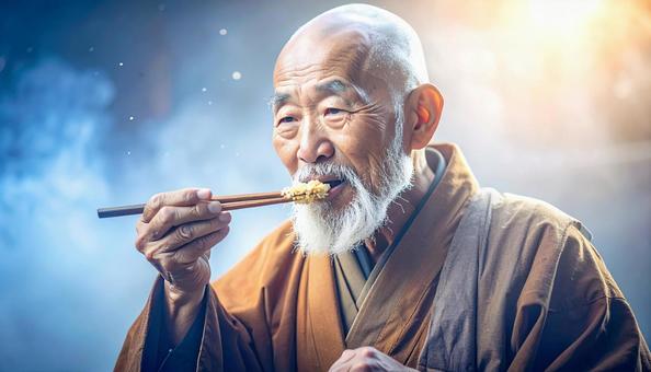 精進料理を食べる老いた僧侶 精進料理を食べる老いた僧侶の写真