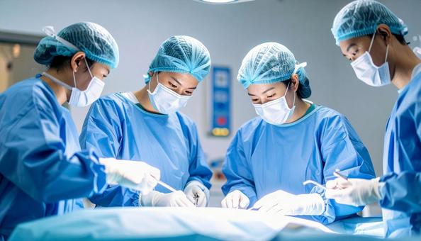 手術室で医師チームが手術で執刀している 手術室で医師チームが手術で執刀しているの写真