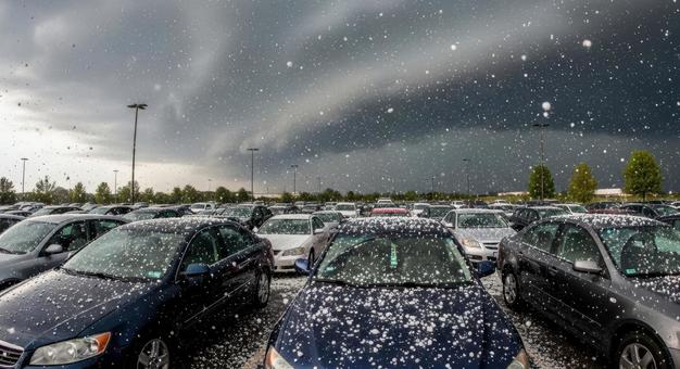 嵐雲の下、駐車場に激しく降り注ぐ雹の写真