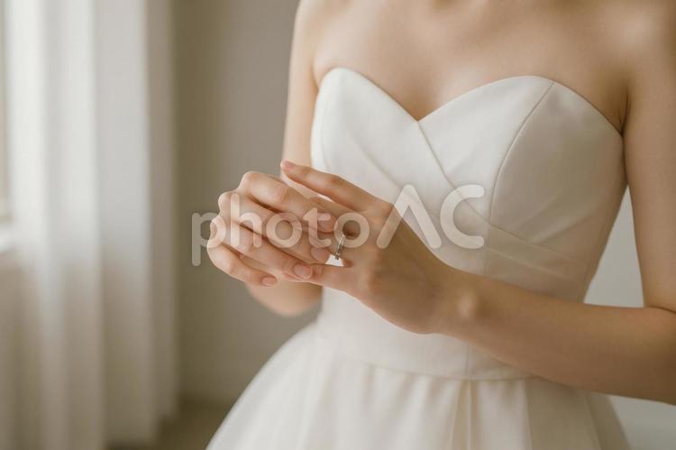 指輪を見つめる花嫁の手元 結婚指輪,ウェディングリング,ブライダルの写真素材